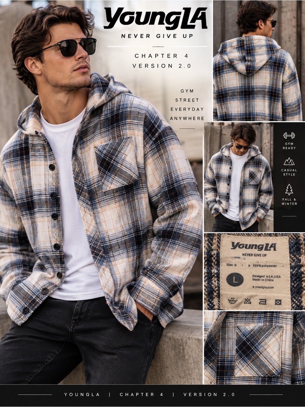 YoungLA Chapter 4 Version 2.0 Hooded Plaid Flannel Shacket Men’s L Navy Cream